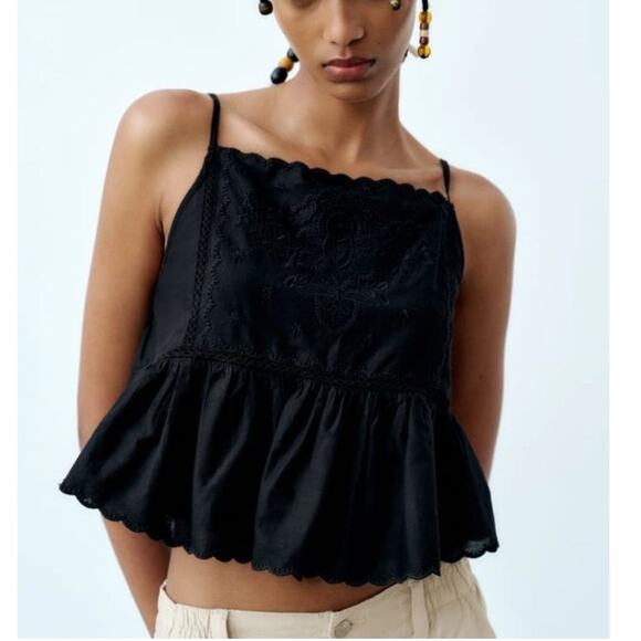 Zara‎ Black Cropped Cami Women's Medium Embroidered Eyelet Peplum Lettuce Trim - Picture 1 of 11